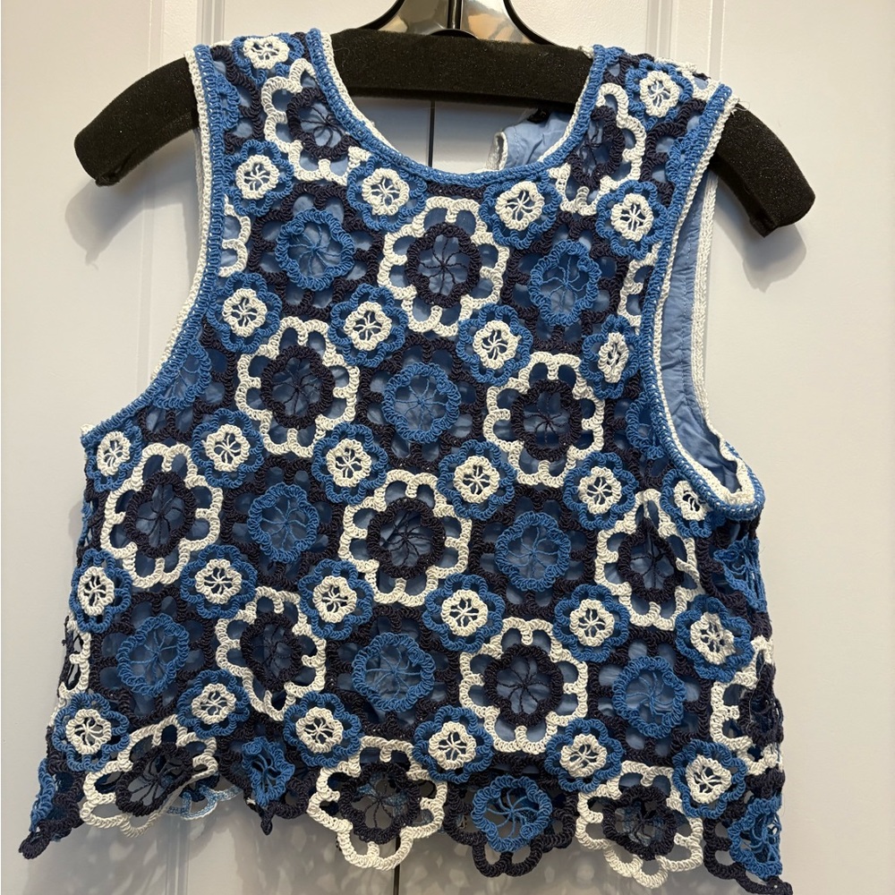Maje Blue and White Floral Crochet Crop Top